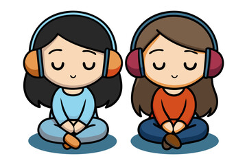 Meditation Harmony: Two calm individuals with headphones. meditating peacefully, immersed in their own private sonic sanctuary of tranquility.