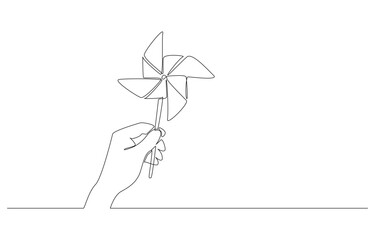 Continuous one line drawing of hand holding paper windmill, breeze from childhood concept, single line art