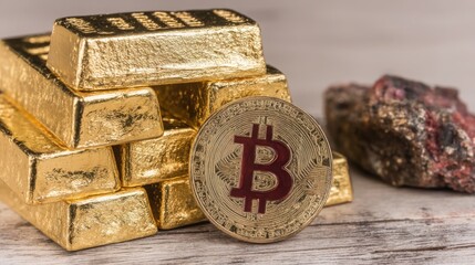 Bitcoin next to a pile of gold bars symbolizing wealth and value in the context of digital currency and finance