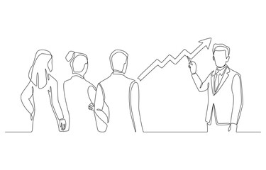Continuous one line drawing of manager pointing out upward trend graph for employees to see, business presentation on growth strategy concept, single line art