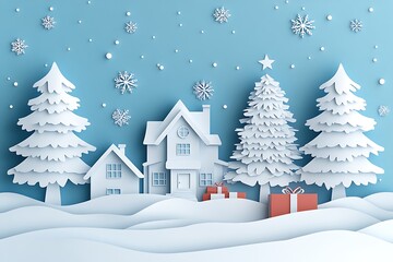 Fototapeta premium Winter village scene with snow covered trees and houses image