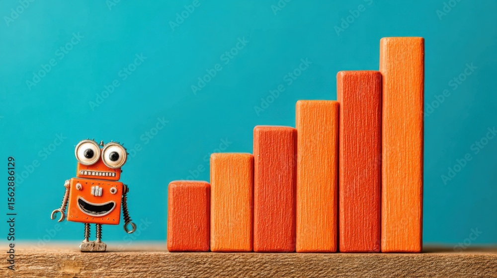 Poster robot standing on a bar chart illustrating the ai asset growth bot concept in a modern workspace set