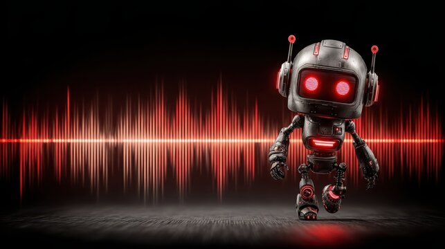 Dancing robot in front of a colorful sound wave representing the ai asset growth bot concept - Powered by Adobe