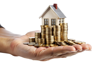 hand holding a house with gold coins on png transparent background 