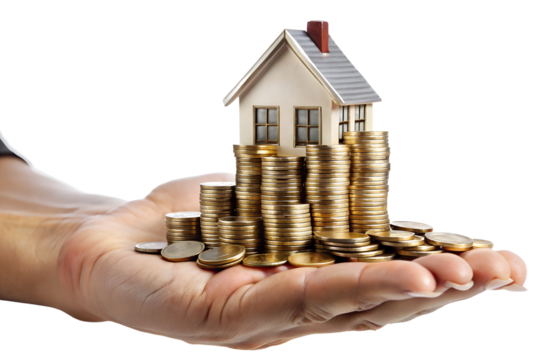 hand holding a house with gold coins on png transparent background 