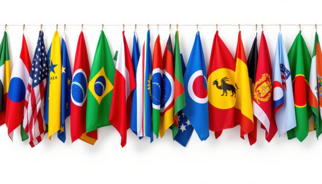 Colorful flags from various countries hang in row, showcasing vibrant display of international symbols. Each flag represents unique culture and heritage, creating sense of unity and diversity