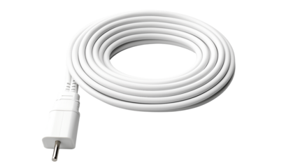White electrical cord coiled, showing plug, Isolated on transparent Background
