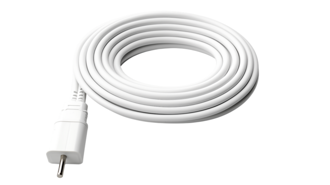 White electrical cord coiled, showing plug, Isolated on transparent Background - Powered by Adobe