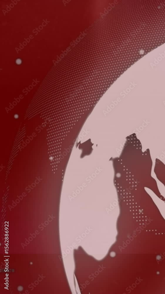Poster animation of abstract shapes and data processing over spinning globe against red background