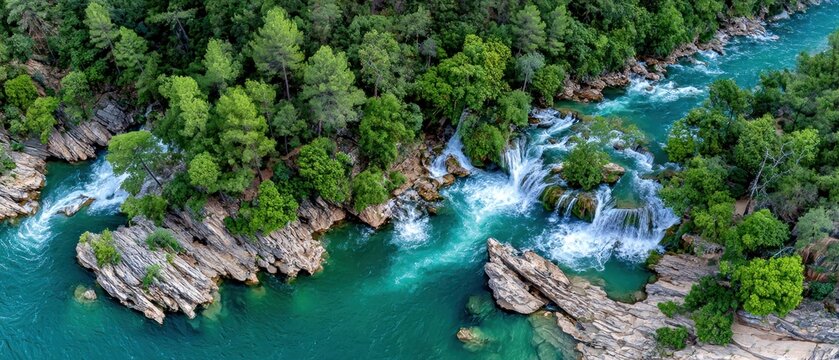 Aerial view of a turquoise river flowing through lush green forest with waterfalls