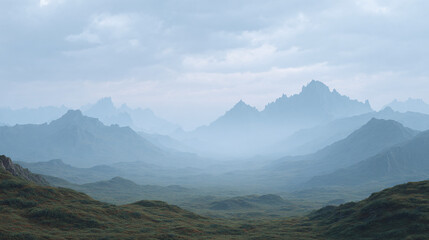 Fototapeta premium Explore Serene Mountain Landscapes: Captivating Views of Fog-Covered Valleys and Majestic Peaks in Nature's Tranquil Embrace