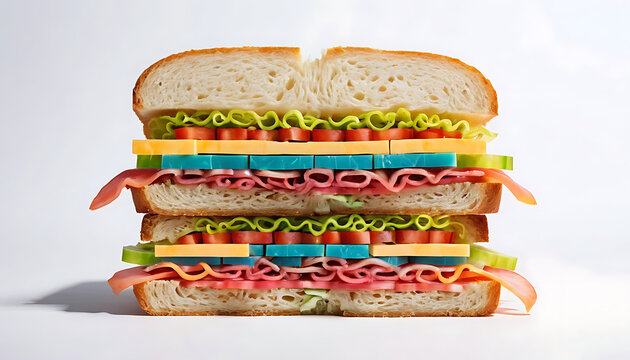 Deconstructed Sandwich: Layered Bread, Processed Slices, and Geometric Arrangements on White.