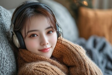 Relax at home on holidays concept,  Young Asian female wearing headphone and listening music in the living room, Generative AI