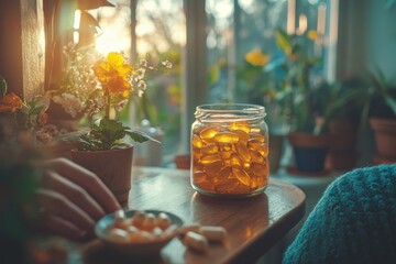 Cultivating wellness: A person takes fish oil supplements as part of a healthy routine for vitality and optimal health, Generative AI
