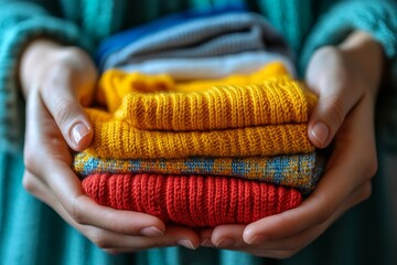 Close-up of hands organizing clean clothes after laundry, maintaining an orderly household, Generative AI