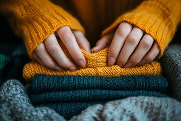 Close-up of hands organizing clean clothes after laundry, maintaining an orderly household, Generative AI