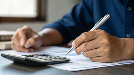 Tax finance budget, Financial accounting concepts. close up of person using calculator, pen, paper, and document wooden desk . Payment, Debt, Penalty, Credit, Bill, Businessman, Office, Money