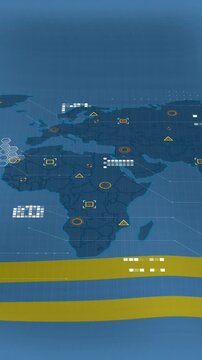 Animation of world map and data processing against waving aruba flag background