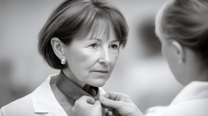 Educators preparing for a busy school day, a teacher adjusts her tie while checking lesson plans, captured in Documentary Photography style