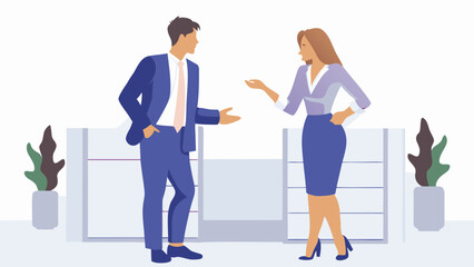 Illustration of a business man and woman in suits discussing a project in an office setting space
