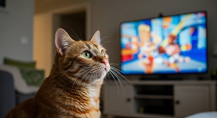 穏やか光、猫の真剣な視線、テレビ画面。