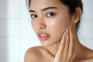 Face expression suffering from sensitive teeth, Asian young woman touching cheek, Generative AI