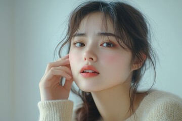 Face expression suffering from sensitive teeth, Asian young woman touching cheek, Generative AI