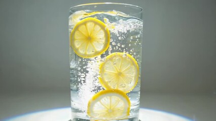 Refreshing lemon slices dropping in glass of sparkling water with bubbles. - Powered by Adobe