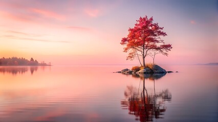 Serene autumn sunrise: solitary red tree on tranquil lake island, peaceful reflection.