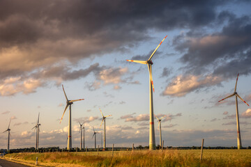 Wind turbines. Renewable energy. Dramatic sky.