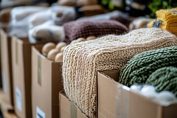 Close-up of boxes of belongings being prepared for donation to charity, supporting a sustainable lifestyle, Generative AI