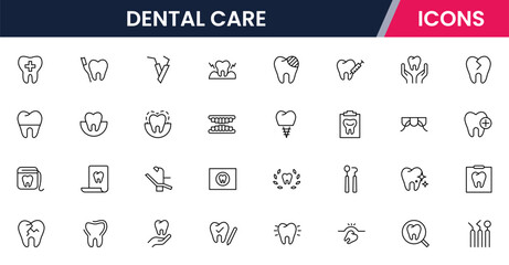 Complete Tooth and Dental Care Icon Collection: Perfect for Oral Hygiene, Dentist Tools, Preventive Measures, Whitening Solutions, and Comprehensive Dental Care