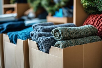 Close-up of boxes of belongings being prepared for donation to charity, supporting a sustainable lifestyle, Generative AI