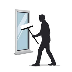 Black Silhouette Vector of Person Cleaning Window with Cloth or Wiper in Daily Household Activity Full HD