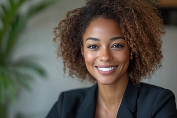 Close-up of a smiling businesswoman in her office, radiating professionalism and positivity as she engages in her work, Generative AI