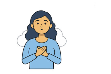 Appreciation and Gratitude: A woman expresses sincere appreciation, hands clasped over her heart, conveying a feeling of gratitude and heartfelt emotion.