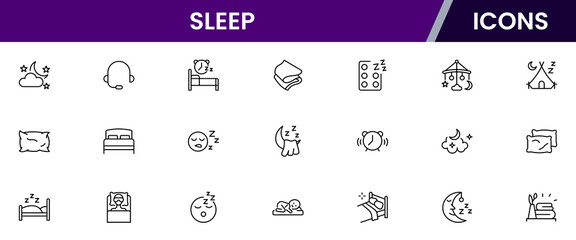 Sleep line icon collection. Morning, bed, pillow, sleepy, day dreaming, night, blanket, and deep sleep icon set. UI outline icon pack