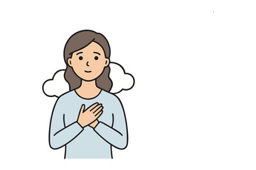 Self-Affirmation: The illustration of a young woman clutching her chest, exuding tranquility and contentment, creating a sense of inner peace and self-assurance.