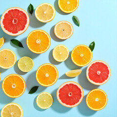 Obraz premium Seamless background with isolated fresh citrus fruit slices like orange, lemon, lime, and grapefruit, offering a healthy and juicy collection of tropical vitamin-rich food