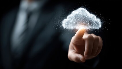 Man touches cloud. Connection with future tech. Data storage. Dark background