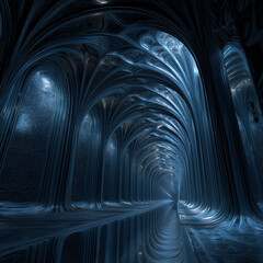Fototapeta premium Endless silver and blue hallway spiraling into the darkness