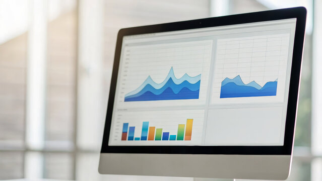 Tax finance budget, Financial accounting concepts. Modern desktop monitor displaying colorful data analytics, business charts . Payment, Debt, Penalty, Credit, Bill, Businessman, Office, Money