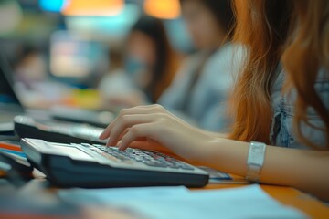 Women business people use calculators to calculate the company budget and income reports on the desk in the office, Generative AI