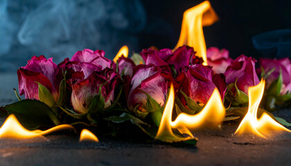 A striking image of roses engulfed in flames, symbolizing beauty and destruction.