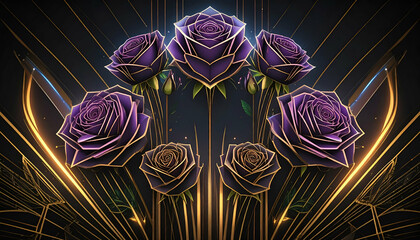 A stylized graphic of purple roses with geometric accents and glowing elements.