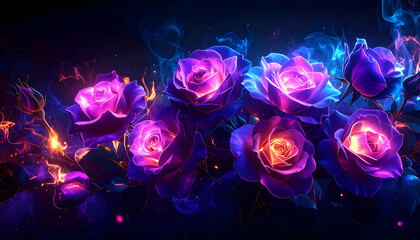 A vibrant arrangement of glowing purple roses against a dark background.