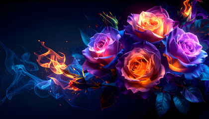 A vibrant digital artwork of colorful roses with flames and smoke effects.