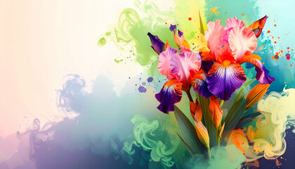 A vibrant digital illustration of colorful irises surrounded by abstract splashes.