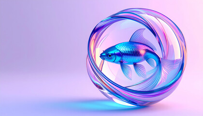 A vibrant digital illustration of a fish encased in a swirling glass orb.