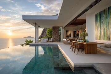 Fototapeta premium Modern clifftop villa overlooking ocean sunset